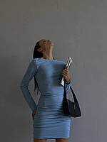 Стильное женское платье пушапп со сборками по бокам и длинным рукавом (чёрный, бежевый, голубой); 42-46