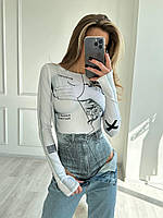 Женское трендовое молодежное универсальное белое боди тату с длинным рукавом; размер: 42-44, 46-48