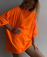 Женская длинная базовая футболка ярких цветов с четвертным рукавом однотонная оверсайз Оранжевый