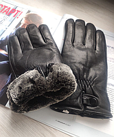 Чоловічі шкіряні рукавички зимові штучне хутро, чорні