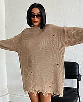 Стильный, женский рваный свитер-туника (чёрный, зелёный, белый, малина, лимонный, серый, синий) Мокко