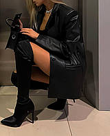 Женский стильный чёрный пиджак из качественной эко-кожи в размере 42-46