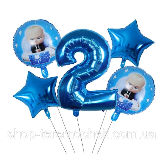 Синя фольгована цифра 2 з набором повітряних кульок Бос Молокосос 5 шт, фото 1