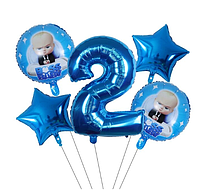 Синяя фольгированная цифра 2 с набором воздушных шаров Босс Молокосос 5 шт