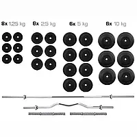 Штанга + гантелі STRONG Набір 140 кг диски з покриттям пластик гриф прямий + вигнутий B_2176
