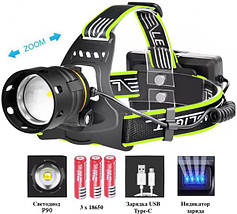 Ліхтар налобний BL-A14-3-P90, power bank, 3x18650, zoom, ЗУ Type-C, фото 3