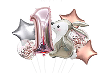 Набор воздушных шаров с фольгированной цифрой 1 розовое золото фигурой зайчик, комплект 7 шт