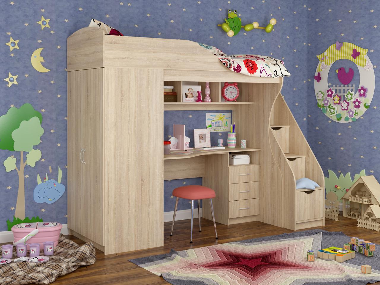 Кровать двухъярусная КД-05 в комплекте шкаф и стол ступеньки-комод Комплект мебели для детской Кровать чердак - фото 1 - id-p510646444