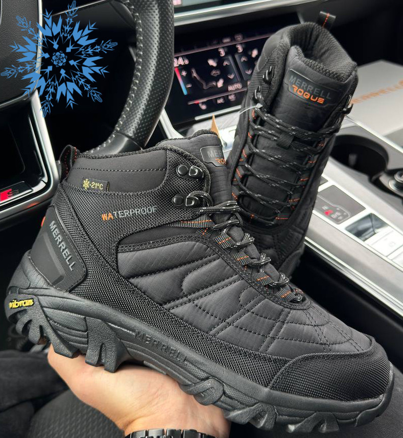 Зимові чоловічі кросівки Merrell Rogue Black Orange осень-зима з хутром високі чорні. Чоловічі черевики мерел, фото 1