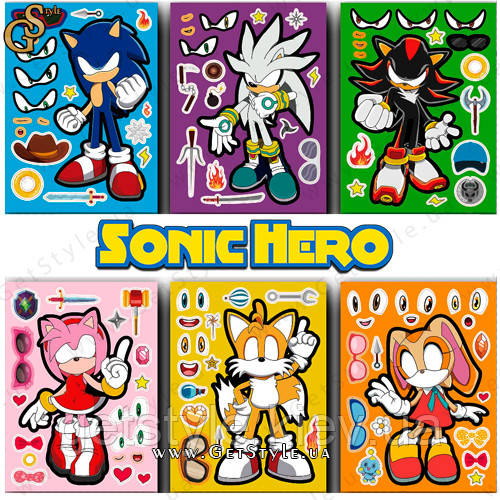 Набір наклейок Сонік Sonic Hero 6 аркушів, фото 1