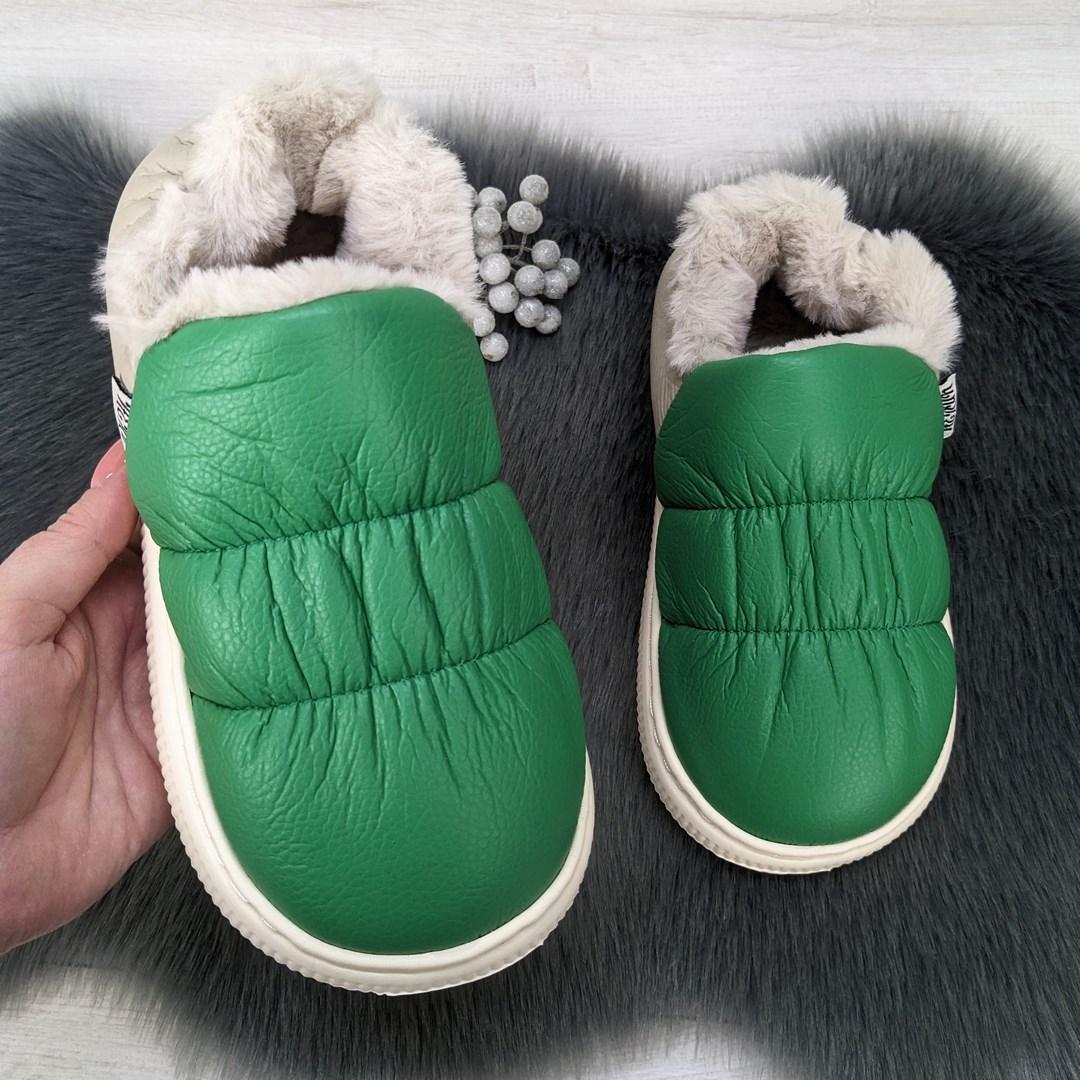 Тапочки жіночі чуні із задником еко-шкіра на хутрі зелені 4325, фото 1