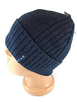 Мужская шапка вязаная с отворотом эмблемой Warm Мужские шапки на флисе Синяя до 56 размера