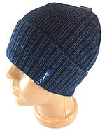 Шапка мужская вязаная с отворотом шерстяная Мужские шапки на флисе с эмблемой Warm Синя до 56 размера