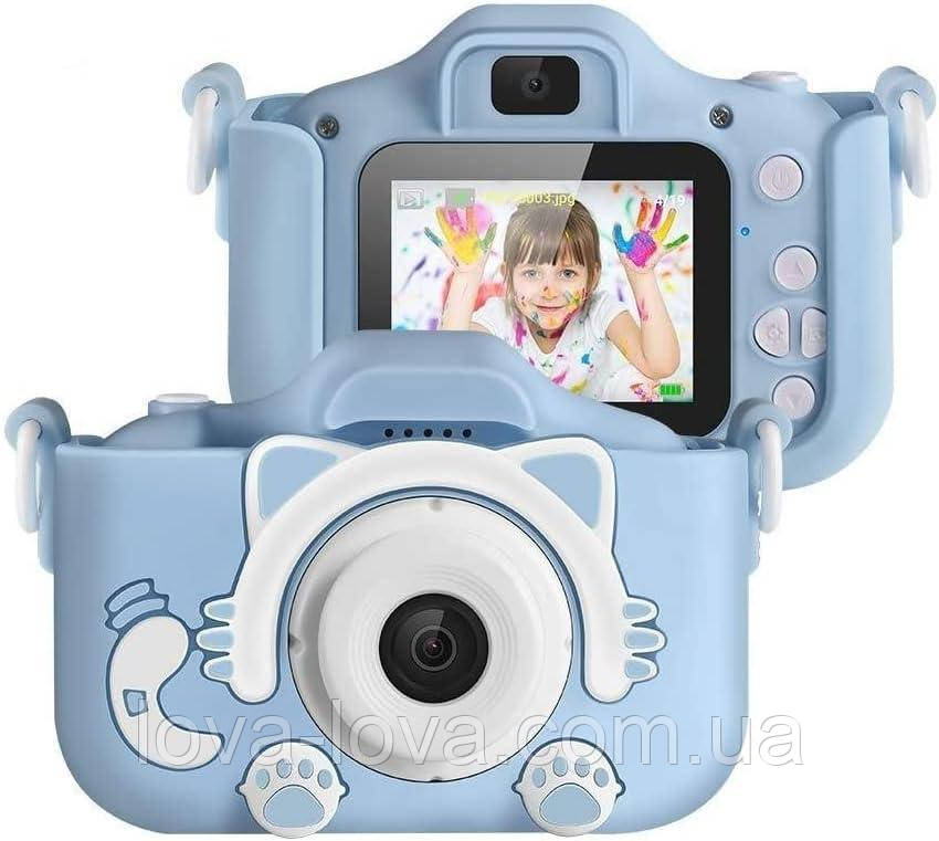 Дитячий цифровий фотоапарат на дві камери Children's fun Camera Cute Kitty у чохлі у вигляді котика Синій
