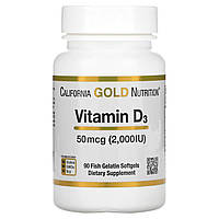 California Gold Nutrition витамин D3 50 мкг 2000 МЕ 90 рыбно желатиновых капсул д3 США