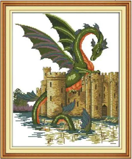 Набір для вишивання за нанесеною на канву схемою "Dragon and Castle". AIDA 14CT printed, 38*47 см