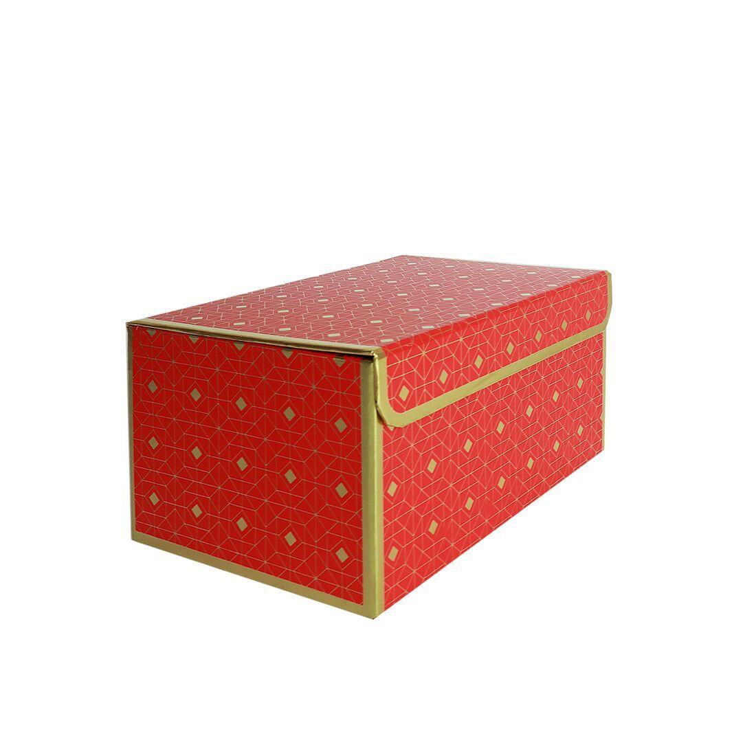 Подарункова коробка червона із золотим геометричним малюнком, L — 25,3×18×13,5 см Кітті