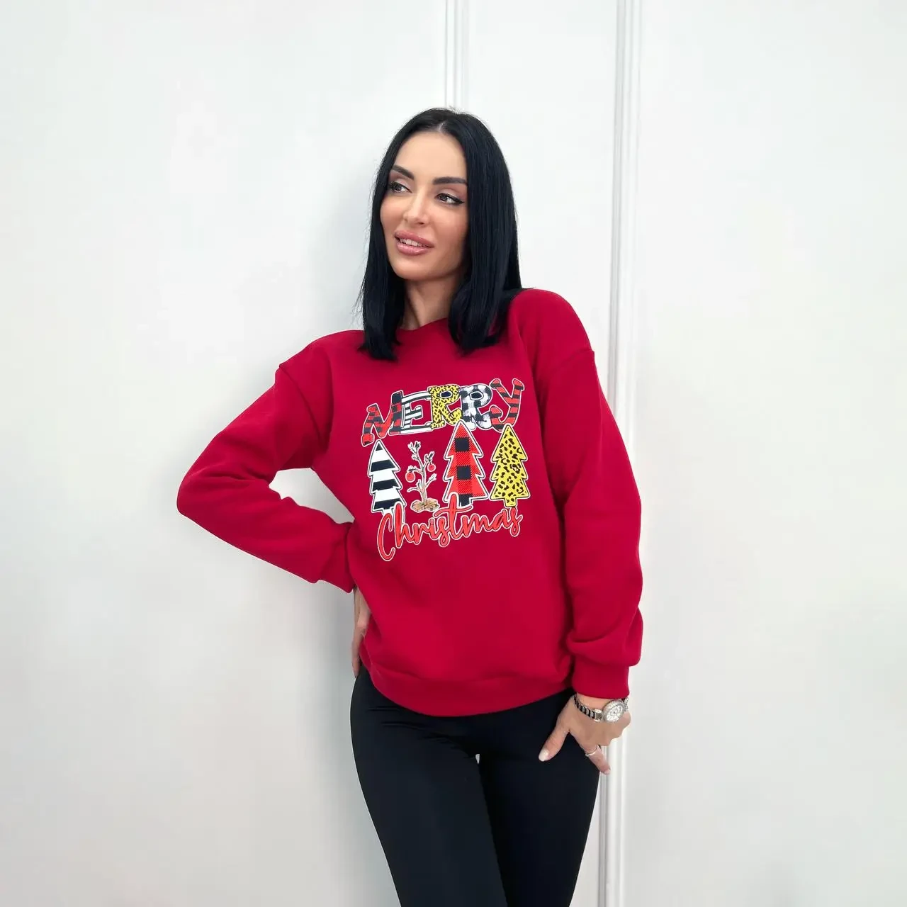 Теплий жіночий батник на флісі, тепла кофта з тринитки з різдвяним принтом, фото 1