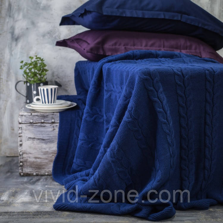 Покривало вʼязане VividZone КОЛОС 180*210 синій