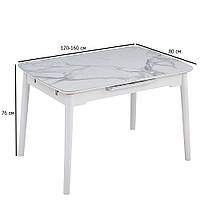 Матовый керамический стол раскладной белый ТМ-76 120-160х80 см под мрамор на деревянных ножках для кухни