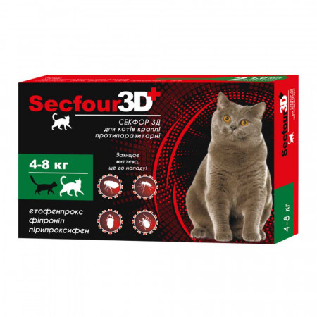 Краплі протипаразитарні Secfour 3D (Секфор 3Д) для котів 4-8 кг, 2 піпетки*1 мл 207472