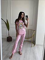 Піжама жіноча Футболка і штани Турецький трикотаж рожева з ведмедиком ( піжамний комплект )