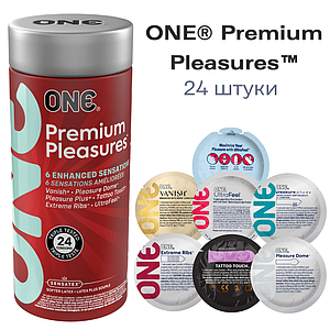 Презервативи ONE Premium Pleasures 24 штуки 6 різних видів (Vanish, Dome, Plus, Tatoo, Ribs, UltraFeel)