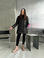Куртка женская зимняя молодежная стеганая с капюшоном удлиненная холофайбер 42-44, 46-48, 50-52, 54-56 Черный, 42/44