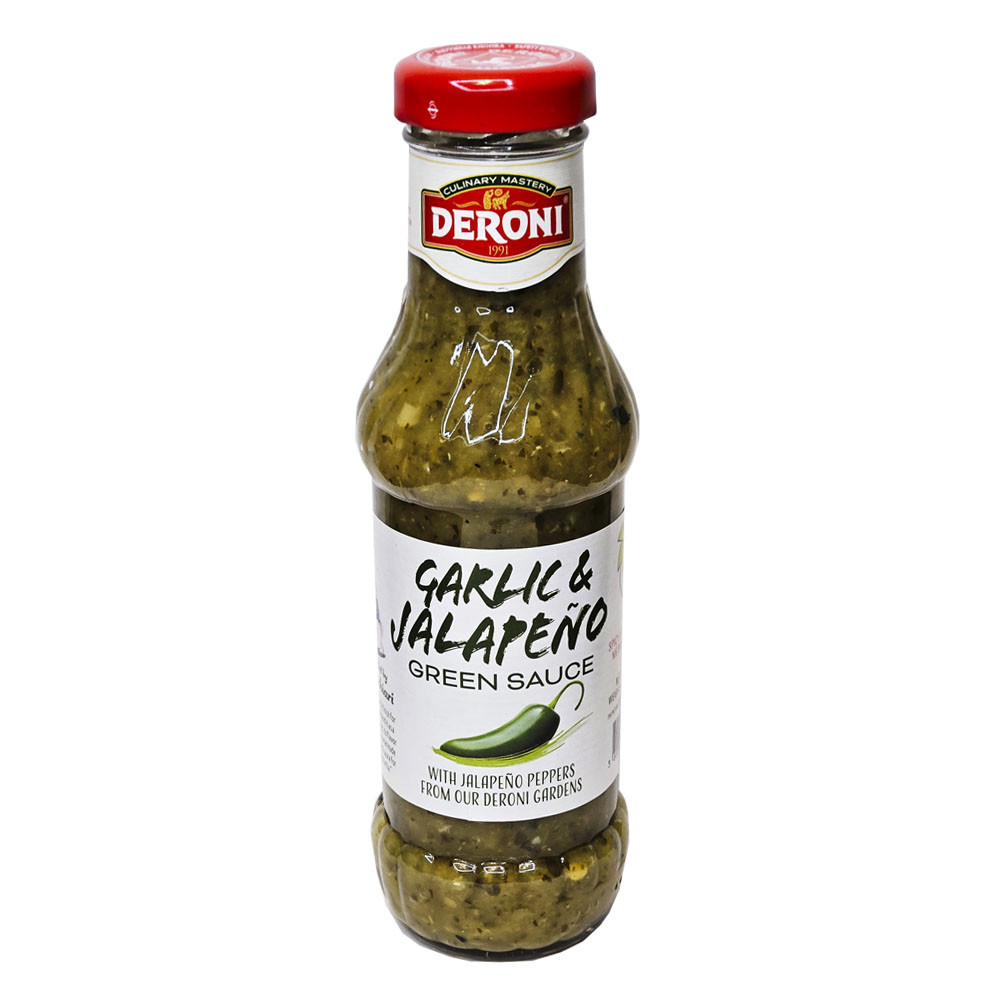 Зелений соус з перцем часник і халопеньйо 315 грам GARLIC & JALAPEÑO Deroni