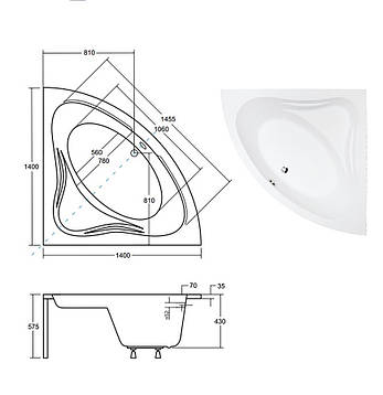 Ванна акрилова Besco MIA 140x140 кутова (без панелі, ручок, ніжок), фото 3