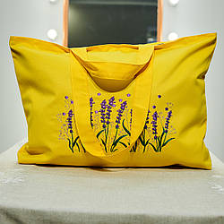 Сумка-шоппер/сумка для закупок/пляжна Сумка тканинна, колір - жовтий, на блискавці, вишивка - лаванда.