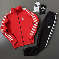 Костюм спортивный Adidas мужской зимний на флисе зип худи штаны теплый красно черный