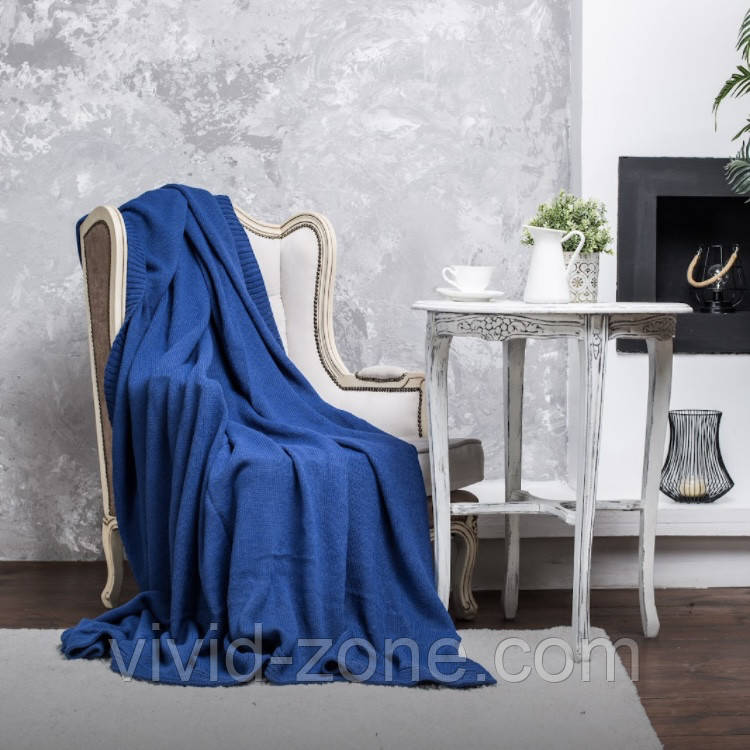 Покривало вʼязане VividZone ГЛАДЬ 180*180 синій