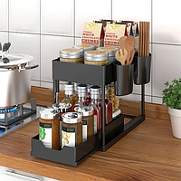 Органайзер для кухни универсальный для хранения с выдвижным ящиком из пластика 2 уровня черный