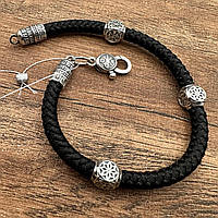 Мужской плетеный шелковый браслет с серебряными вставками 925 проба