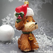 Скляна ялинкова іграшка собачка в шапке Санти   Komozja Family Santa Claus, фото 3