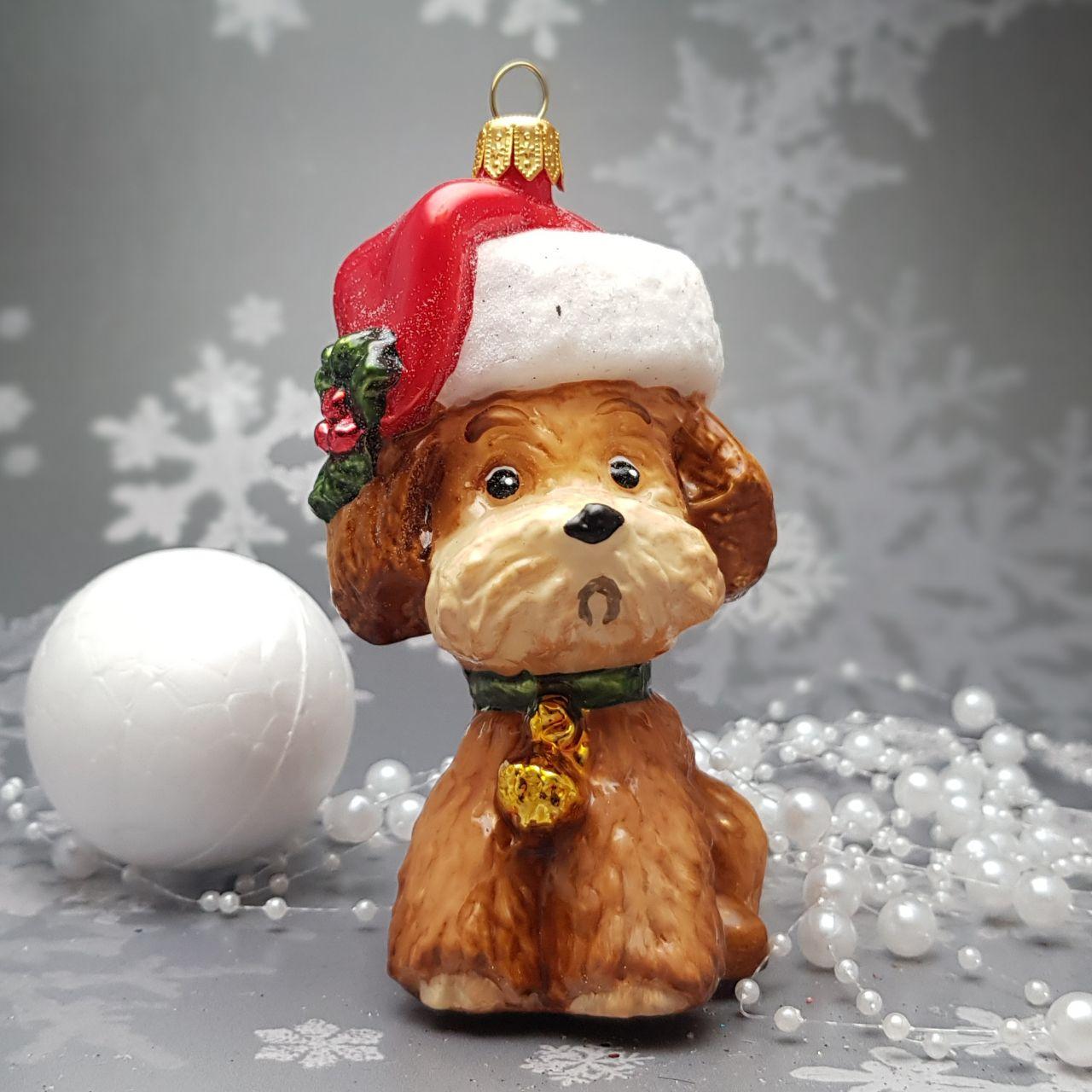 Скляна ялинкова іграшка собачка в шапке Санти   Komozja Family Santa Claus