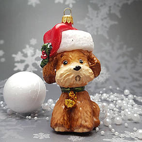 Скляна ялинкова іграшка собачка в шапке Санти   Komozja Family Santa Claus, фото 1