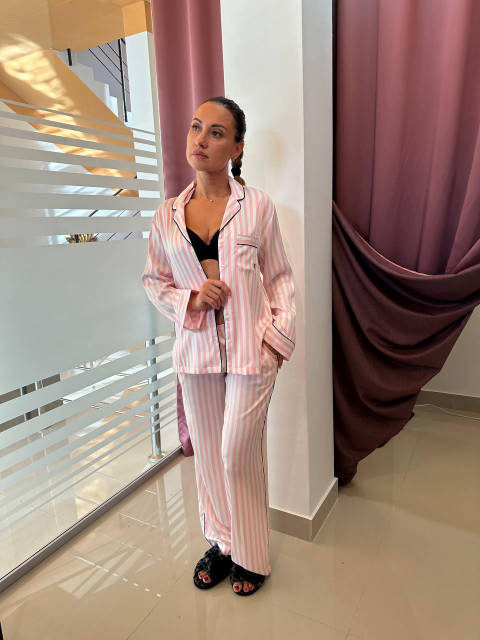 Сатиновая Пижама Victoria's Secret Satin Long Pajama Set, Розовая