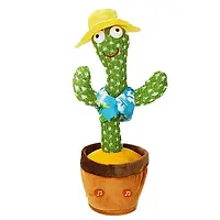 Говорящий танцующий кактус с Желтой шляпой и подсветкой Dancing Cactus 32 см поющий повторюшка USB Зарядка Топ