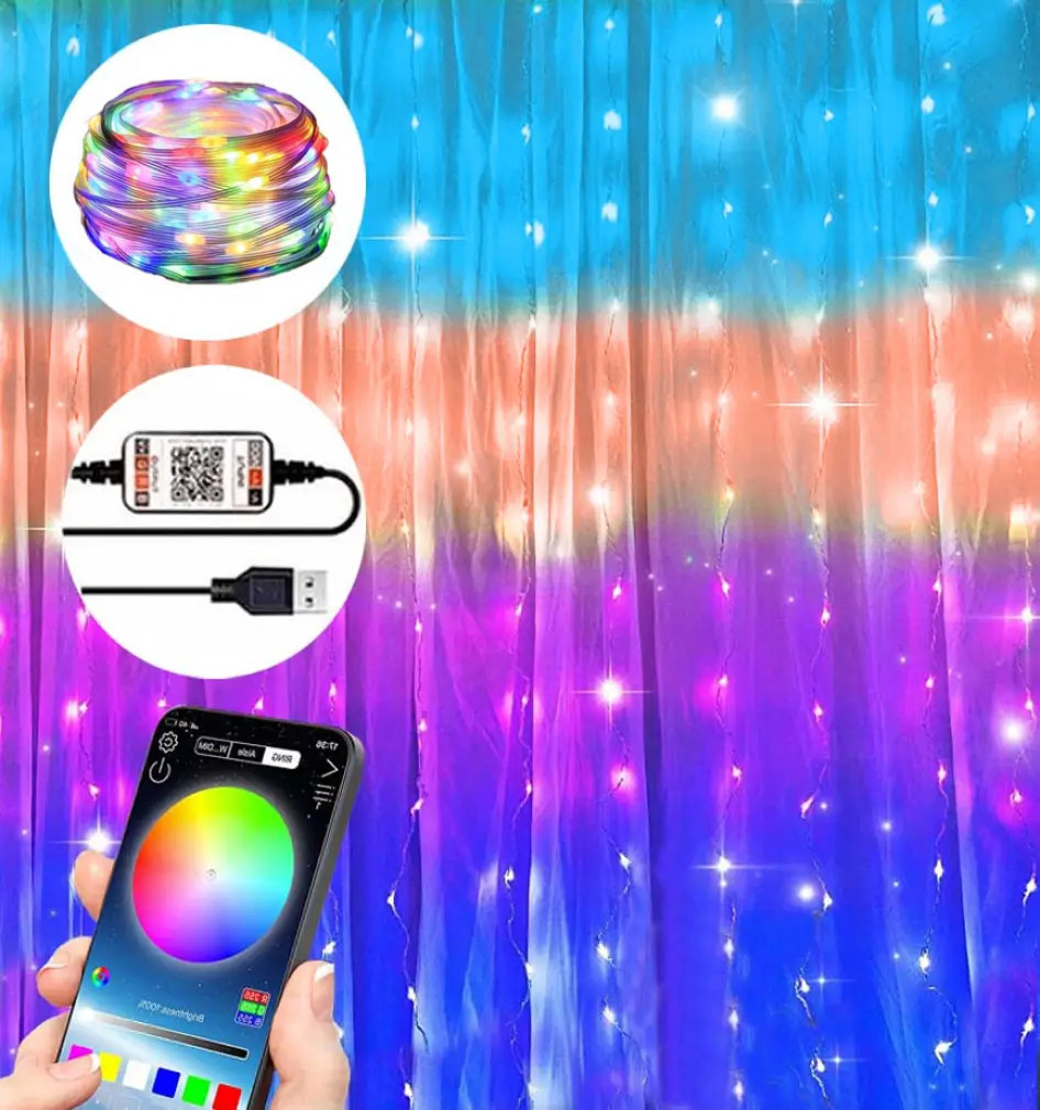Розумна RGB гірлянда штора "Роса", 3x3м, від USB, 300 LED, керування смартфоном, IP44