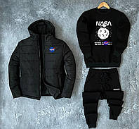 Комплект мужской зимний куртка свитшот штаны на флисе теплый черный