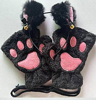 Теплые Лапки-перчатки + Ушки котика, перчатки с открытыми пальцами