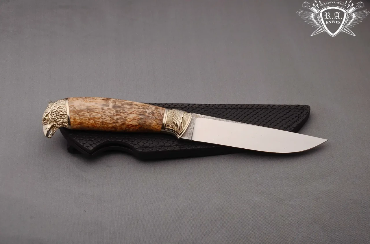 Нож ручной работы "Огненный сокол" 140х29х5мм из нержавеющей стали и рукоятью из капа клена, фото 1