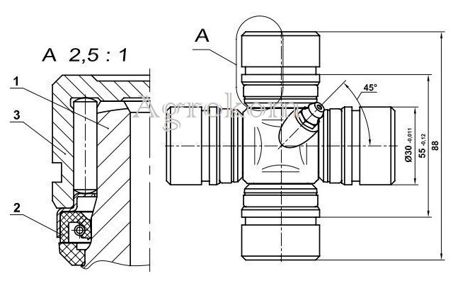 Хрестовина карданного валу 30x90 (30х88) PFK3090R Polfarmer Хрестовина карданного валу 30x90 (30.00x55.00/88.00) PFK 3090 Polfarmer, оригінал Польща – PFK3090R, 72-2203025.
