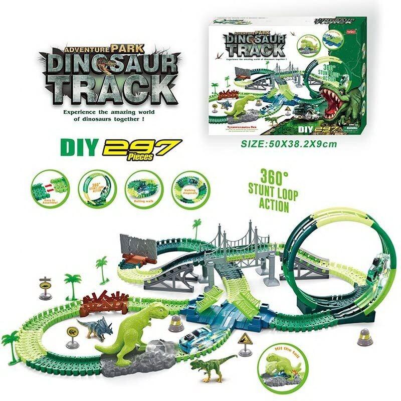 366 Трек світло, дино майданчик, 297 елементів, довжина треку 563 см, аксесуари, у коробці
