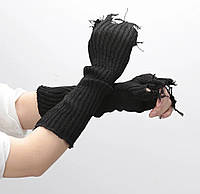Длинные митенки у2к рваные черные перчатки рукавицы без пальцев для смартфона