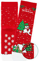 Детские махровые новогодние носки со стопперами BROSS Снеговик 1 пара Красные
