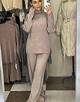 Жіночий костюм теплий із рубчика на флісі зі штанами кльош (Норма і батал), фото 5