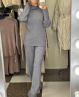 Жіночий костюм теплий із рубчика на флісі зі штанами кльош (Норма і батал), фото 7
